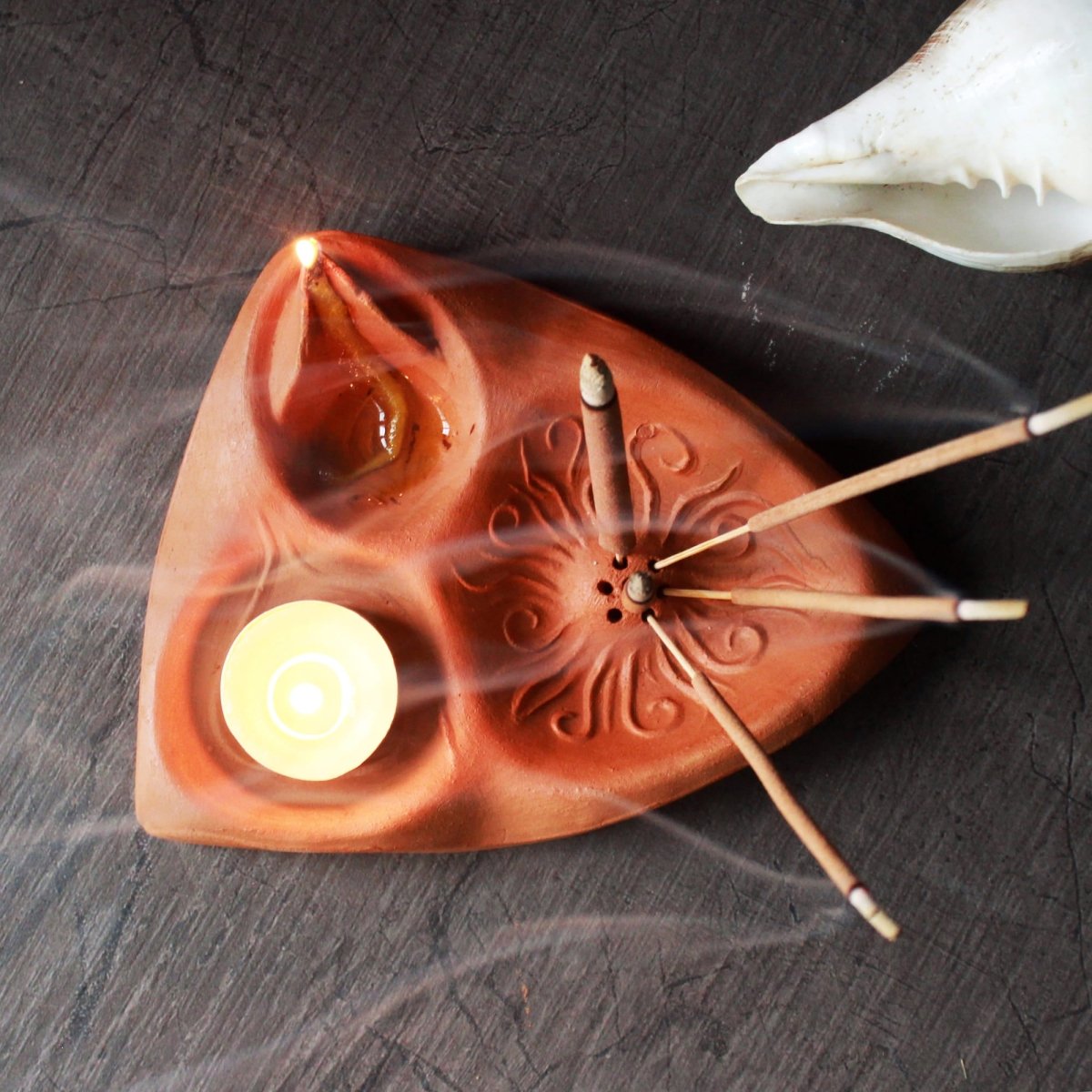 3In 1 Puja Essential | Terracotta Designer Textured Fire Angle + Complimentary Candles, Cotton Wicks & Agarbatti | Verified Sustainable by Brown Living™