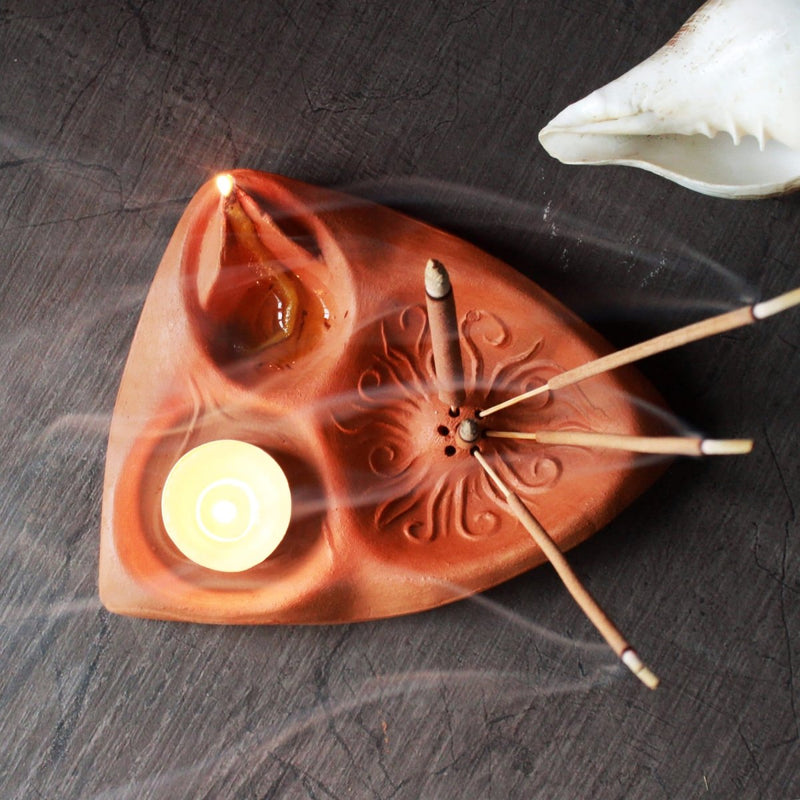 3In 1 Puja Essential | Terracotta Designer Textured Fire Angle + Complimentary Candles, Cotton Wicks & Agarbatti | Verified Sustainable Pooja Needs on Brown Living™