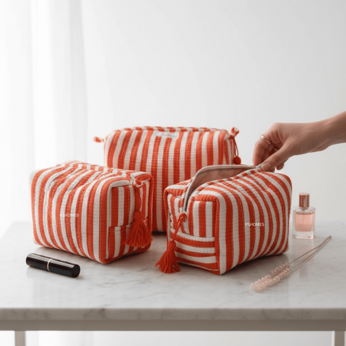 3PC 100% Cotton Quilted Travel Makeup Bag Set– Waterproof Thick Lining – Travel Organiser on Brown Living™. SKU: 3POUCH-ORANGESOLID. Img 24.