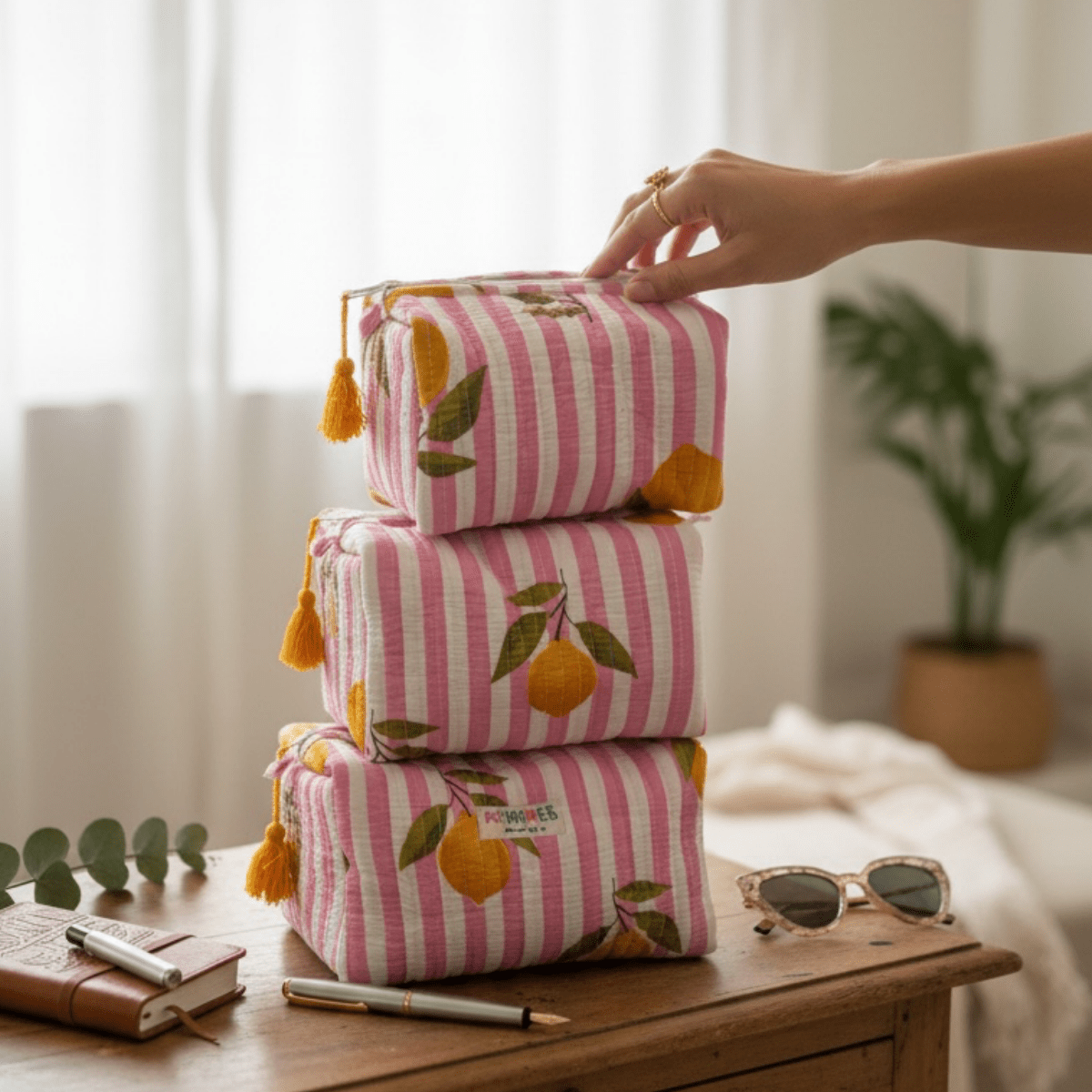 3PC 100% Cotton Quilted Travel Makeup Bag Set– Waterproof Thick Lining – Travel Organiser on Brown Living™. SKU: 3POUCH-PINKLEMON. Img 28.