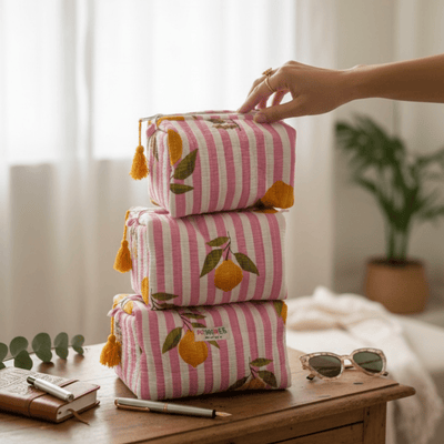 3PC 100% Cotton Quilted Travel Makeup Bag Set– Waterproof Thick Lining – Travel Organiser on Brown Living™. SKU: 3POUCH-PINKLEMON. Img 28.