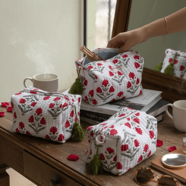 3PC 100% Cotton Quilted Travel Makeup Bag Set– Waterproof Thick Lining – Travel Organiser on Brown Living™. SKU: 3POUCH-PINKLEMON_White-Leaf_1786806346551_wx976. Img 30.