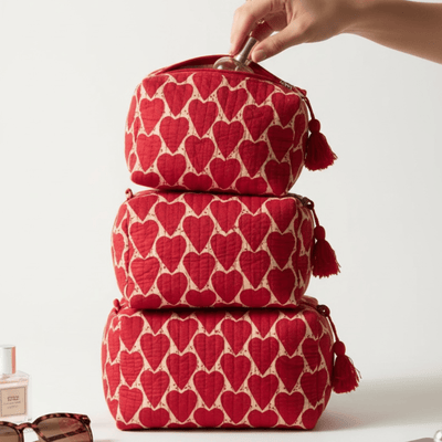 3PC 100% Cotton Quilted Travel Makeup Bag Set– Waterproof Thick Lining – Travel Organiser on Brown Living™. SKU: 3POUCH-PINKLEMON_White-Leaf_1786806346551_wx976_Red-Hearts_1786806572552_k5vj8. Img 31.