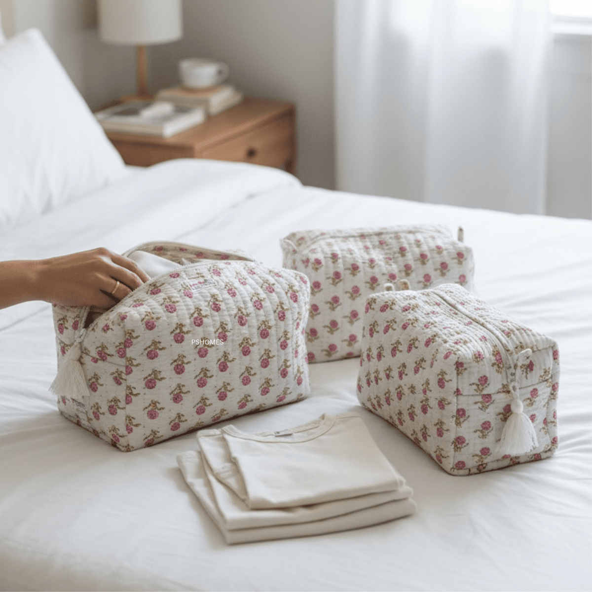 3PC 100% Cotton Quilted Travel Makeup Bag Set– Waterproof Thick Lining – Travel Organiser on Brown Living™. SKU: 3POUCH-PINKROSES. Img 26.