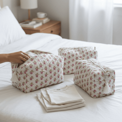 3PC 100% Cotton Quilted Travel Makeup Bag Set– Waterproof Thick Lining – Travel Organiser on Brown Living™. SKU: 3POUCH-PINKROSES. Img 26.