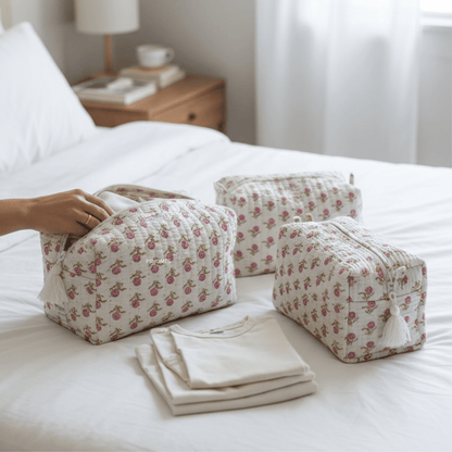 3PC 100% Cotton Quilted Travel Makeup Bag Set– Waterproof Thick Lining – Travel Organiser on Brown Living™. SKU: 3POUCH-PINKROSES. Img 26.