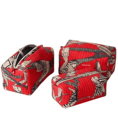 3PC 100% Cotton Quilted Travel Makeup Bag Set– Waterproof Thick Lining – Travel Organiser on Brown Living™. SKU: 3POUCH-REDCAT. Img 22.