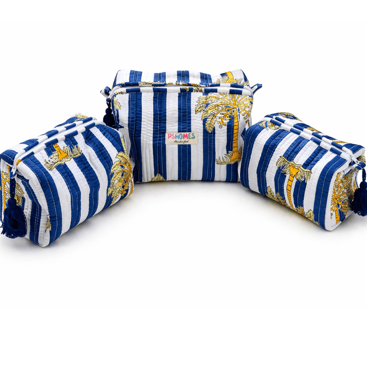 3PC 100% Cotton Quilted Travel Makeup Bag Set– Waterproof Thick Lining – Travel Organiser on Brown Living™. SKU: 3POUCH-STRIPESBLUE. Img 32.
