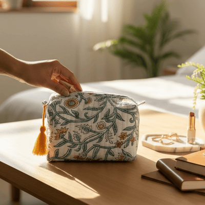 3PC Cotton Quilted Travel Makeup Bag Set Waterproof Lining – Travel Organiser on Brown Living™. SKU: 3POUCH-BLOCKFLOWER. Img 6.