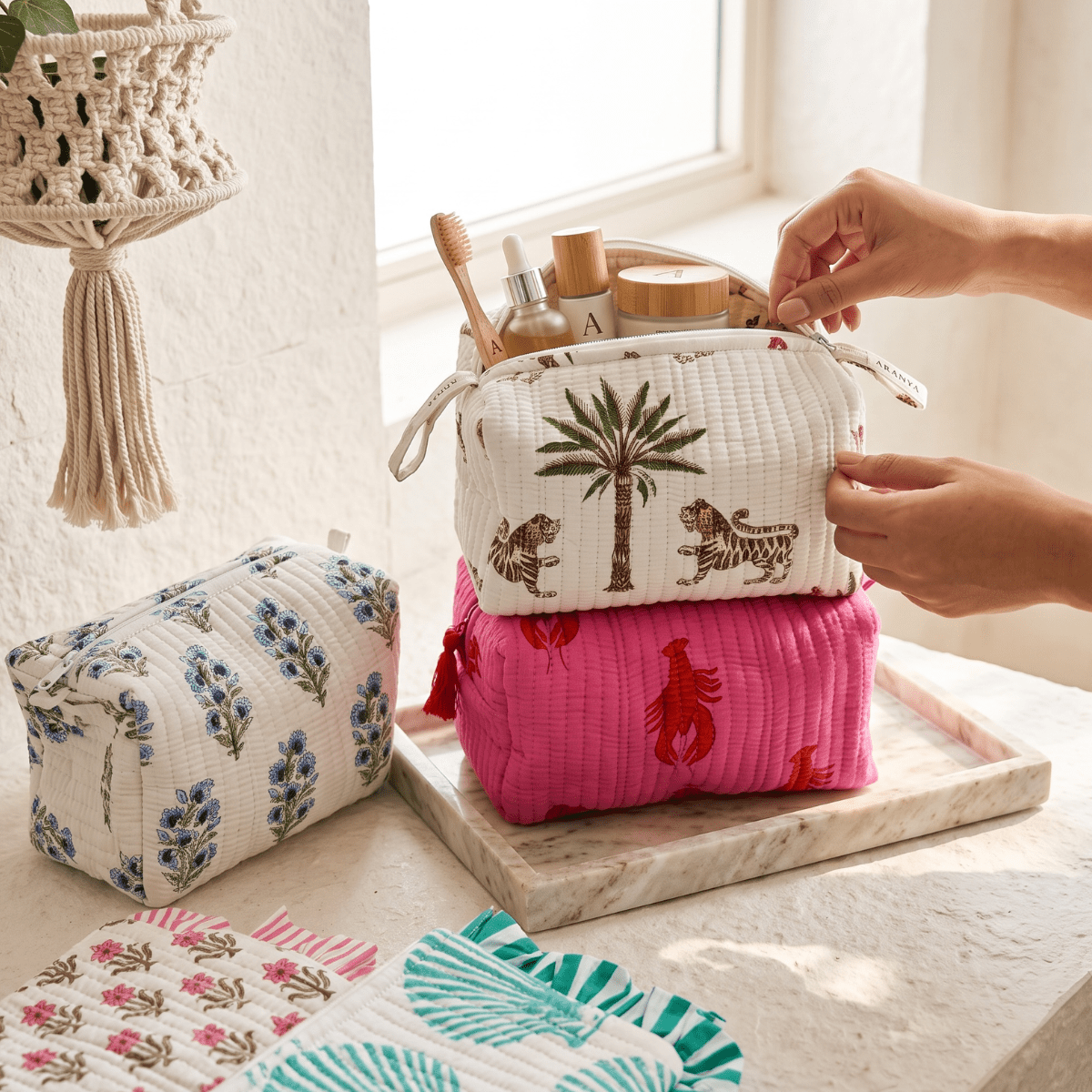 3PC Cotton Quilted Travel Makeup Bag Set Waterproof Lining – Travel Organiser on Brown Living™. SKU: 3POUCH-DUBAIPALM. Img 31.