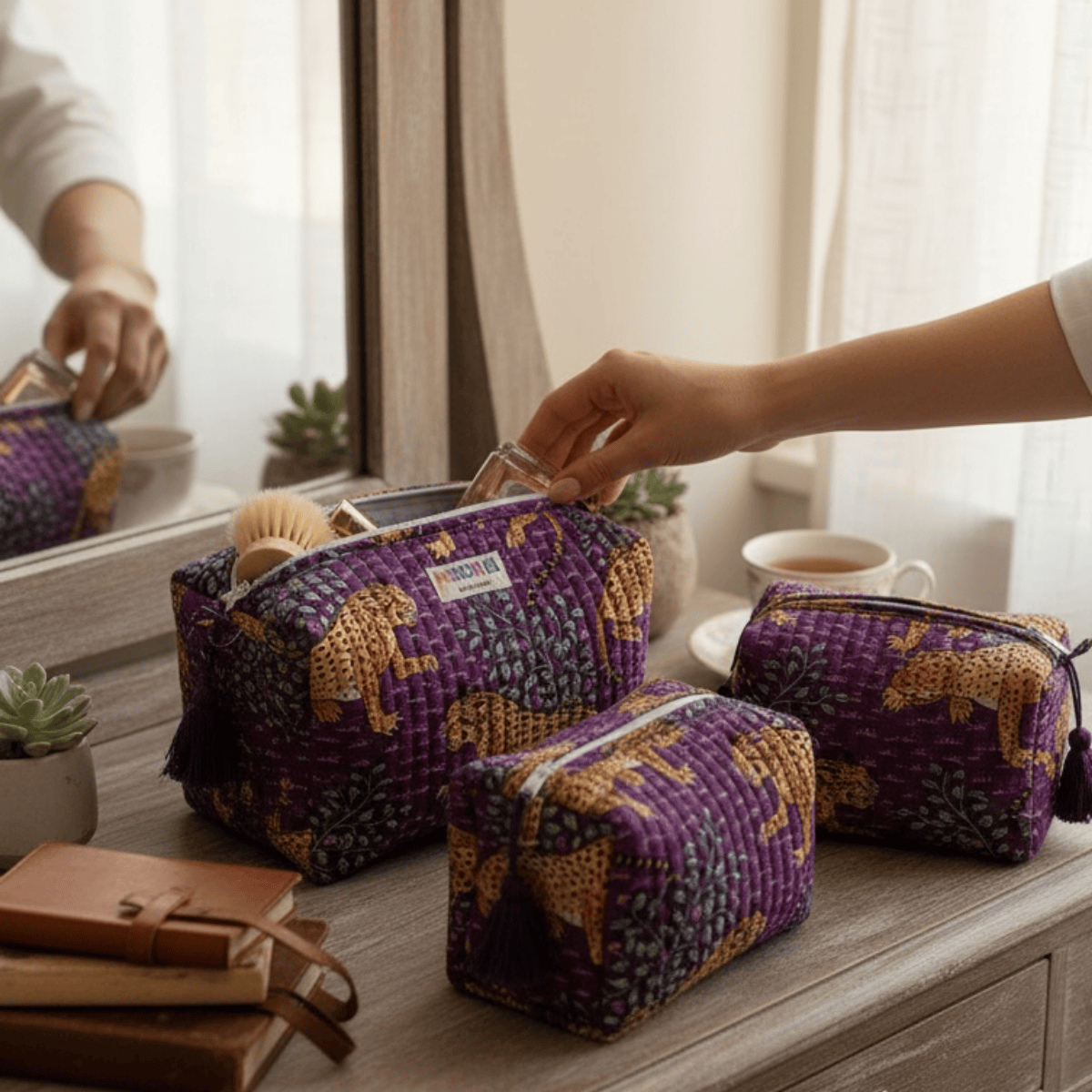 3PC Cotton Quilted Travel Makeup Bag Set Waterproof Lining – Travel Organiser on Brown Living™. SKU: 3POUCH-PURPLEJUNGLE. Img 13.