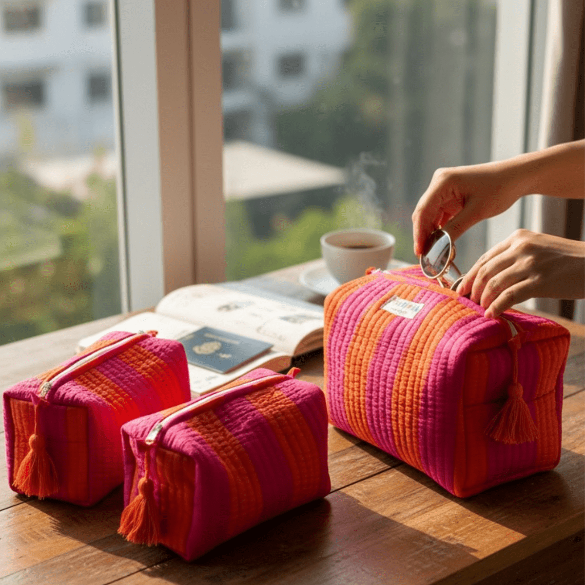 3PC Cotton Quilted Travel Makeup Bag Set Waterproof Lining – Travel Organiser on Brown Living™. SKU: 3POUCH-STRIPSPINK. Img 1.