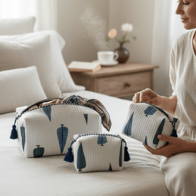 3PC Cotton Quilted Travel Makeup Bag Set Waterproof Lining – Travel Organiser on Brown Living™. SKU: 3POUCH-STRIPSPINK. Img 3.