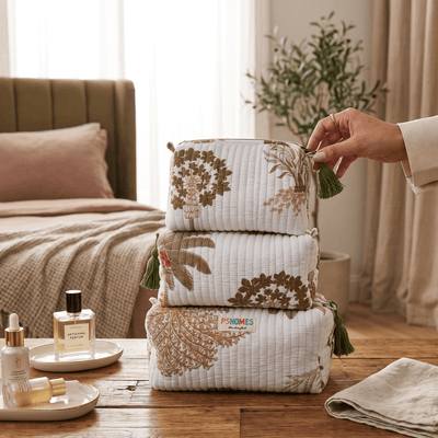 3PC Cotton Quilted Travel Makeup Bag Set Waterproof Lining – Travel Organiser on Brown Living™. SKU: 3POUCH-TIGERPALM. Img 30.