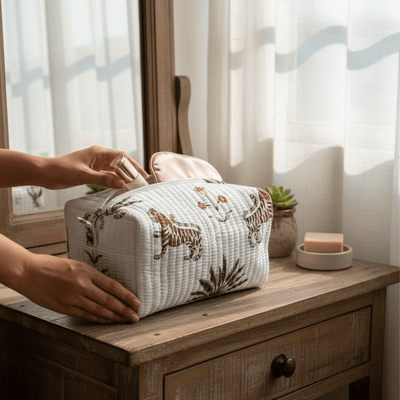 3PC Cotton Quilted Travel Makeup Bag Set Waterproof Lining – Travel Organiser on Brown Living™. SKU: 3POUCH-TIGERPALM. Img 27.