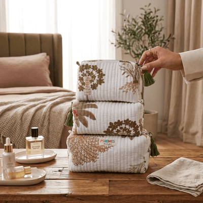 3PC Cotton Quilted Travel Makeup Bag Set Waterproof Lining – Travel Organiser on Brown Living™. SKU: 3POUCH-TIGERPALM. Img 29.