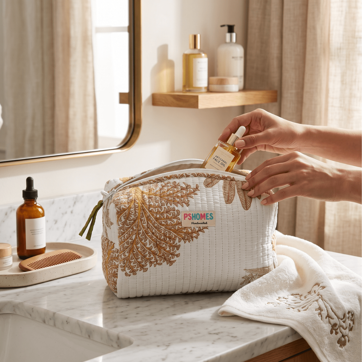 3PC Cotton Quilted Travel Makeup Bag Set Waterproof Lining – Travel Organiser on Brown Living™. SKU: 3POUCH-TIGERPALM. Img 28.