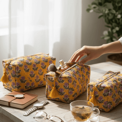 3PC Cotton Quilted Travel Makeup Bag Set Waterproof Lining – Travel Organiser on Brown Living™. SKU: 3POUCH-YELLOWBUTTA. Img 10.