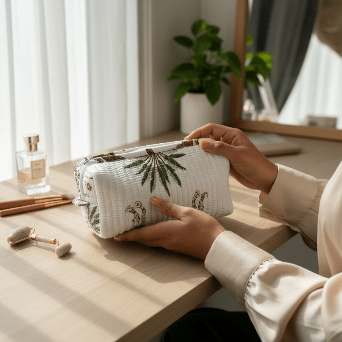 3PC Cotton Quilted Travel Makeup Bag Set Waterproof Lining – Travel Organiser on Brown Living™. SKU: 3POUCHFRILL-PINKSRIPES. Img 24.