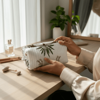 3PC Cotton Quilted Travel Makeup Bag Set Waterproof Lining – Travel Organiser on Brown Living™. SKU: 3POUCHFRILL-PINKSRIPES. Img 24.