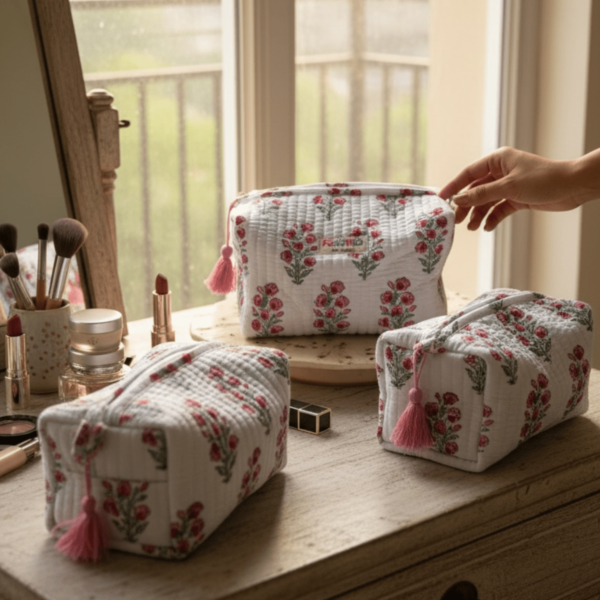 3PC Cotton Quilted Travel Makeup Bag Set Waterproof Lining – Travel Organiser on Brown Living™. SKU: PSHOMEWBW-1. Img 20.