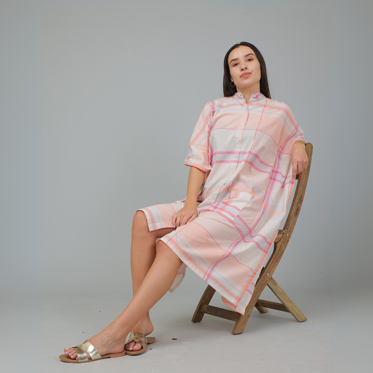 Peach Cotton Checks Kaftan – Loungewear