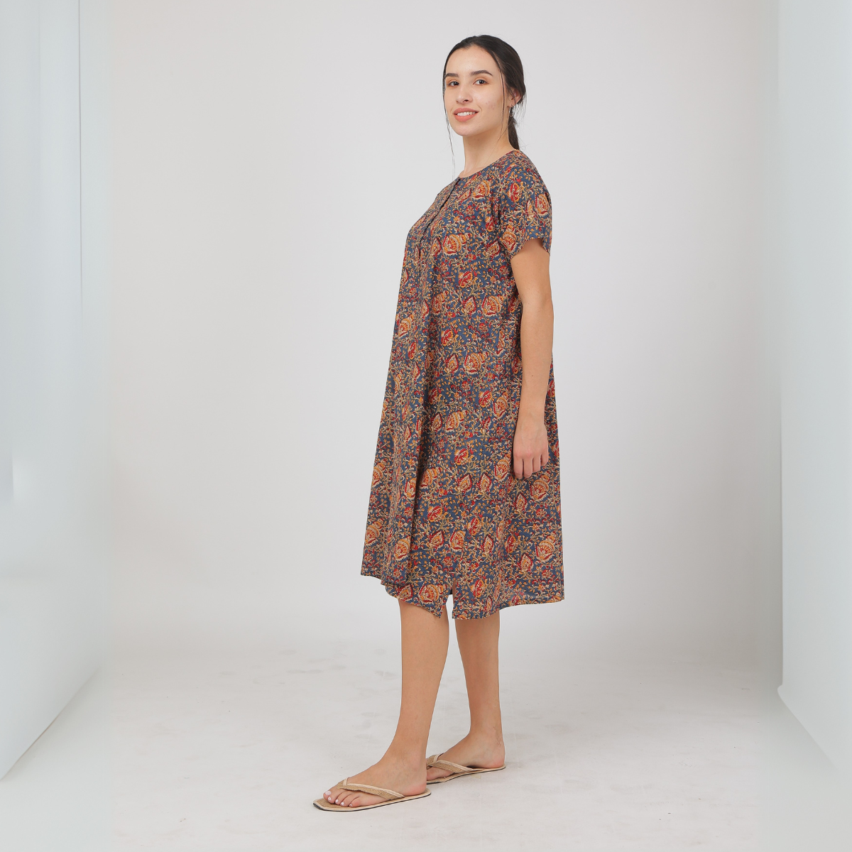 Blue Cotton Kalankari Printed Nightie Dress