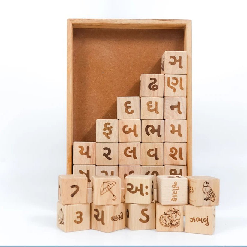 5 - in - 1 Gujarati Learning Blocks – Educational Toy for Kids – Learning & Educational Toys on Brown Living™. SKU: guj - alp. Img 1.