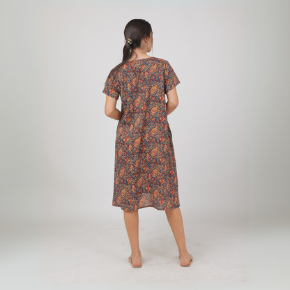 Blue Cotton Kalankari Printed Nightie Dress