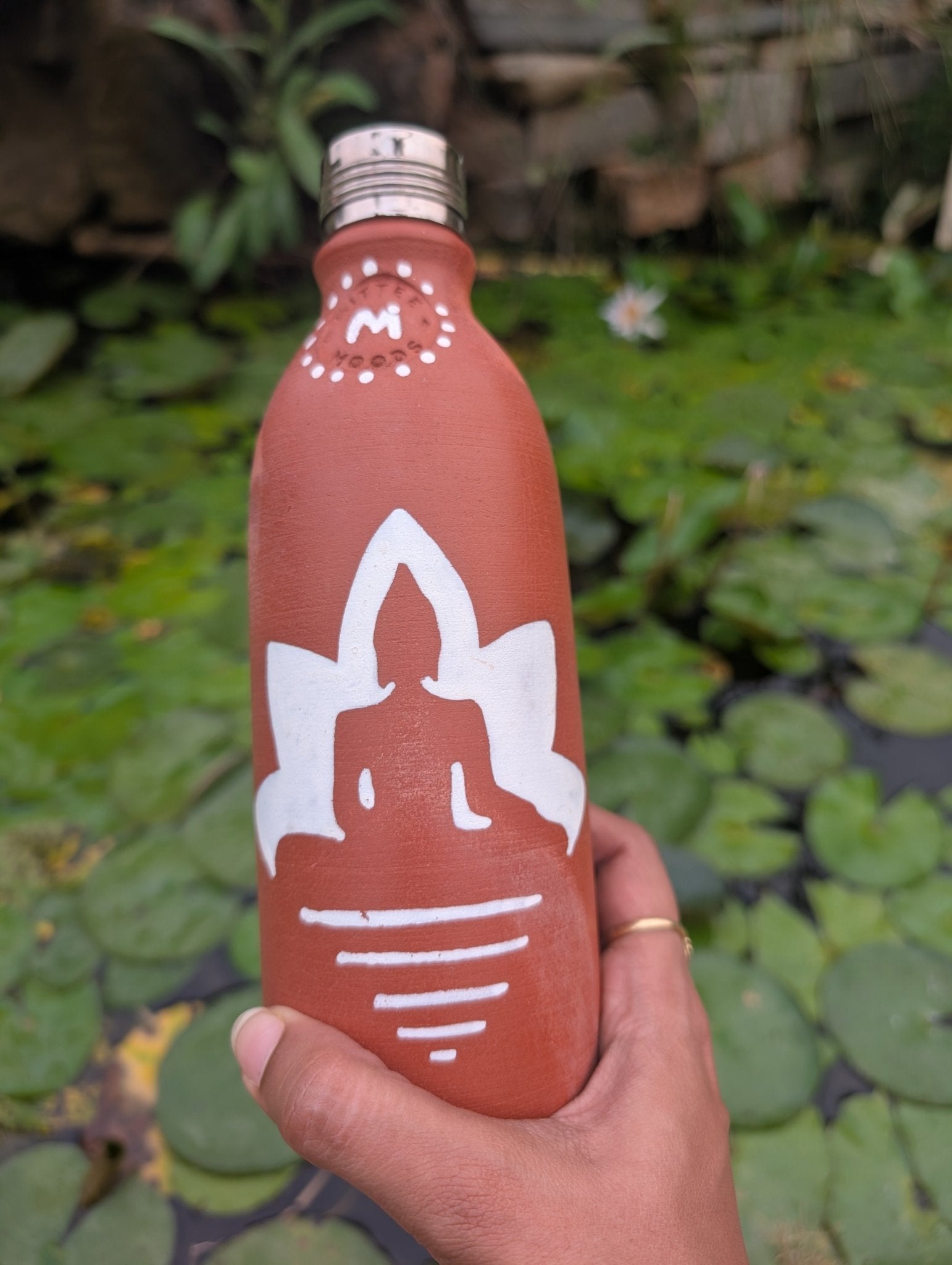 500ml Clay Water Bottle with Steel Cap |Hand Painted Buddha Terracotta – Bottles & Sippers on Brown Living™. SKU: 500ML-BCB. Img 5.