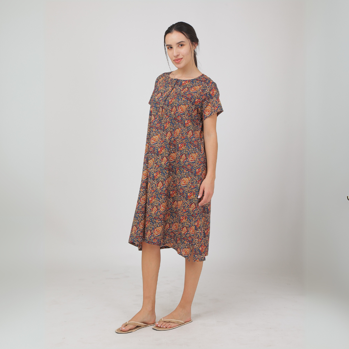 Blue Cotton Kalankari Printed Nightie Dress