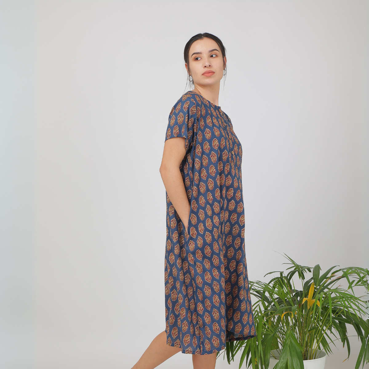 Blue Cotton Jaipuri Butta Printed Nightie Dress