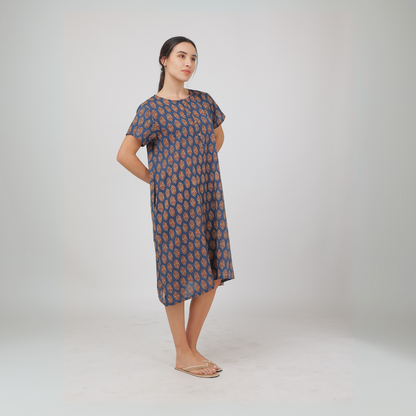 Blue Cotton Jaipuri Butta Printed Nightie Dress