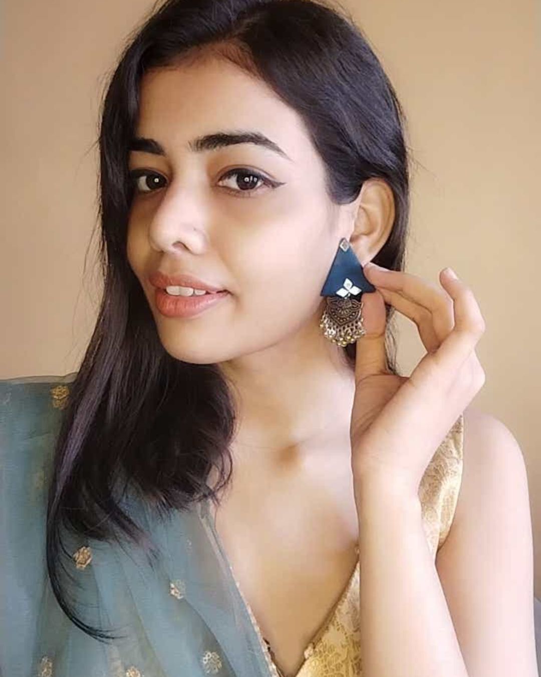 Blue Triangular Jhumka Earrings with Silver Charm