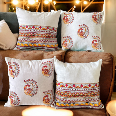 Madhubani Cotton Cushion Covers with Zipper - Set of 4 - 16x16 inch