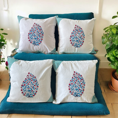 Handblock Motif Cotton Cushion Covers with Zipper - Set of 4