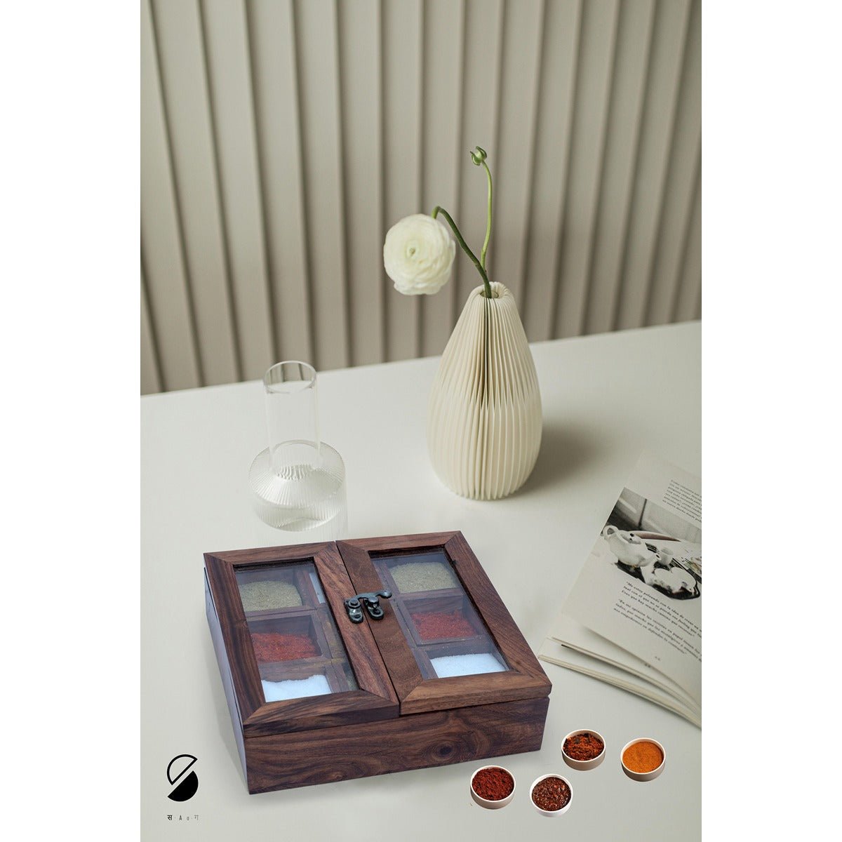 9 Compartment Wooden Spice Box | Eco - Friendly Masala Dabba for Kitchen – Kitchen Organizers on Brown Living™. SKU: SB. Img 4.