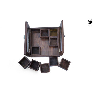 9 Compartment Wooden Spice Box | Eco - Friendly Masala Dabba for Kitchen – Kitchen Organizers on Brown Living™. SKU: SB. Img 2.