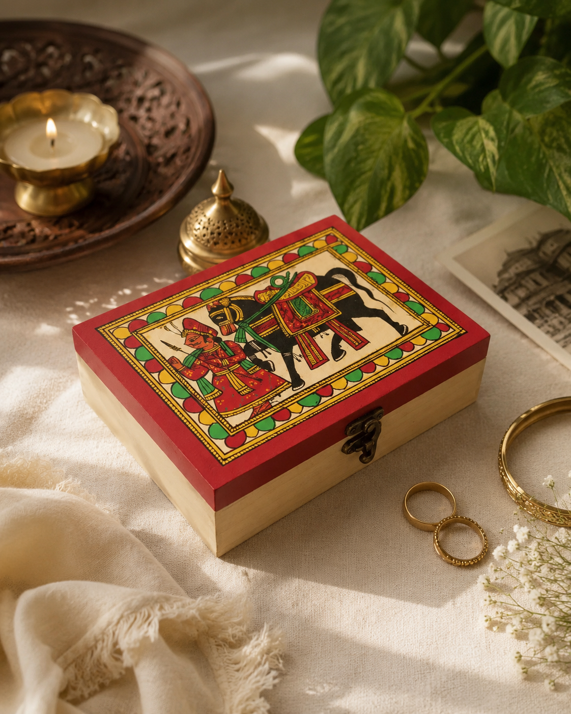 Handcrafted Wooden Storage Box with Traditional Phad Artwork