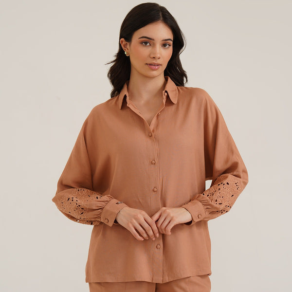 Aeson - Linen Shirt With Cutwork Embroidered Sleeves