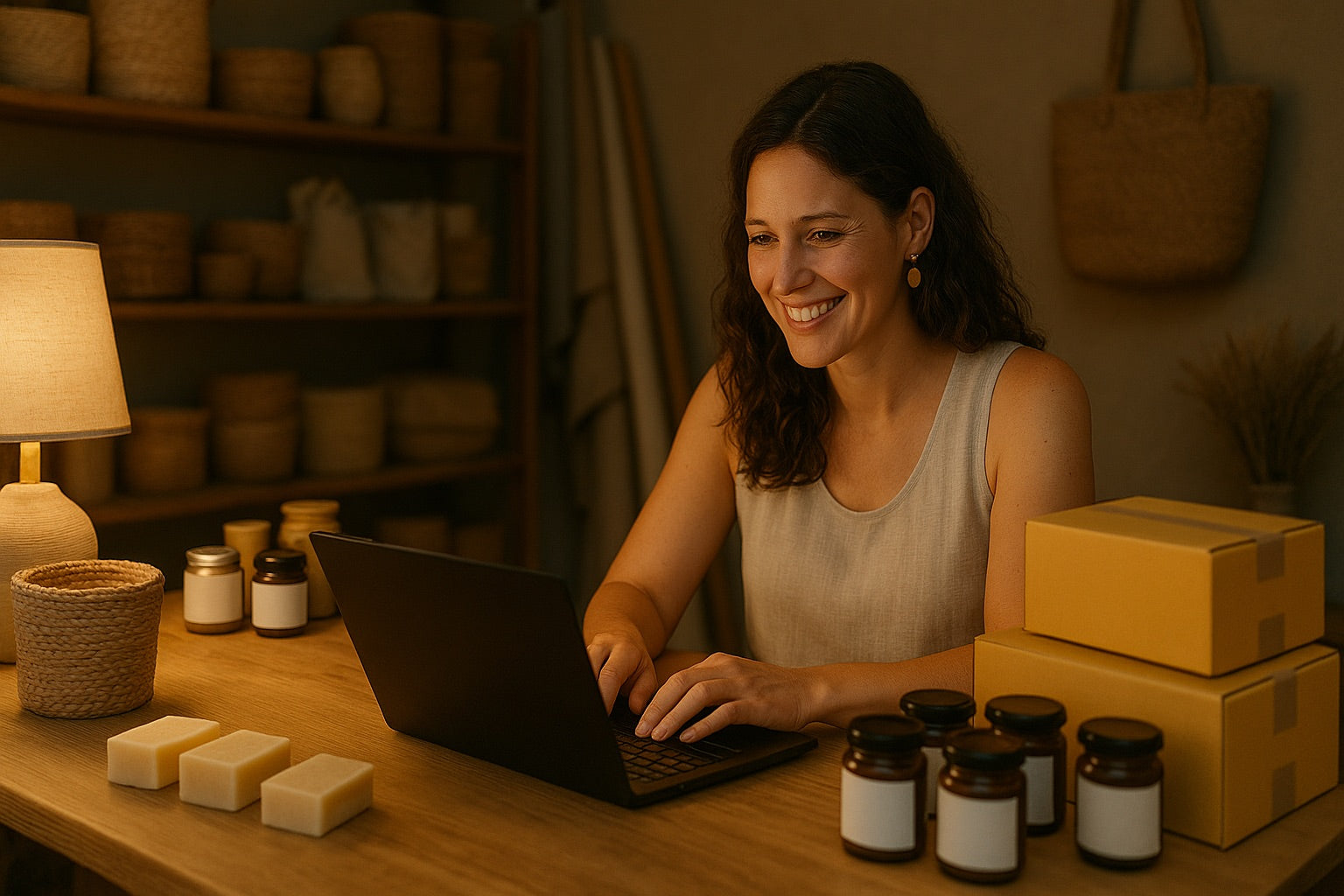 Woman using a laptop at a wooden desk with jars and boxes in a warm, indoor setting