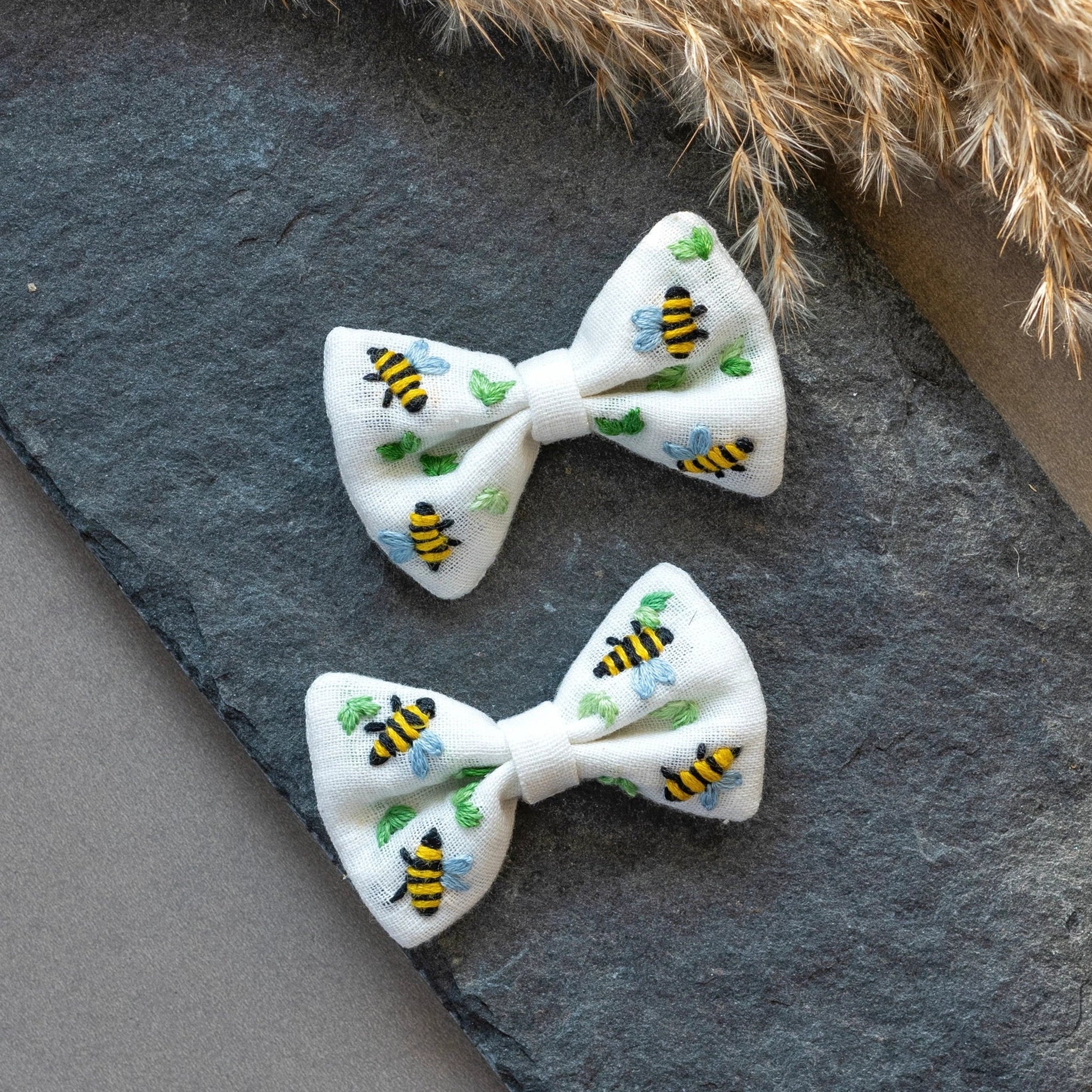 Bumble Bee Embroidered Cotton Hair Bows for Kids