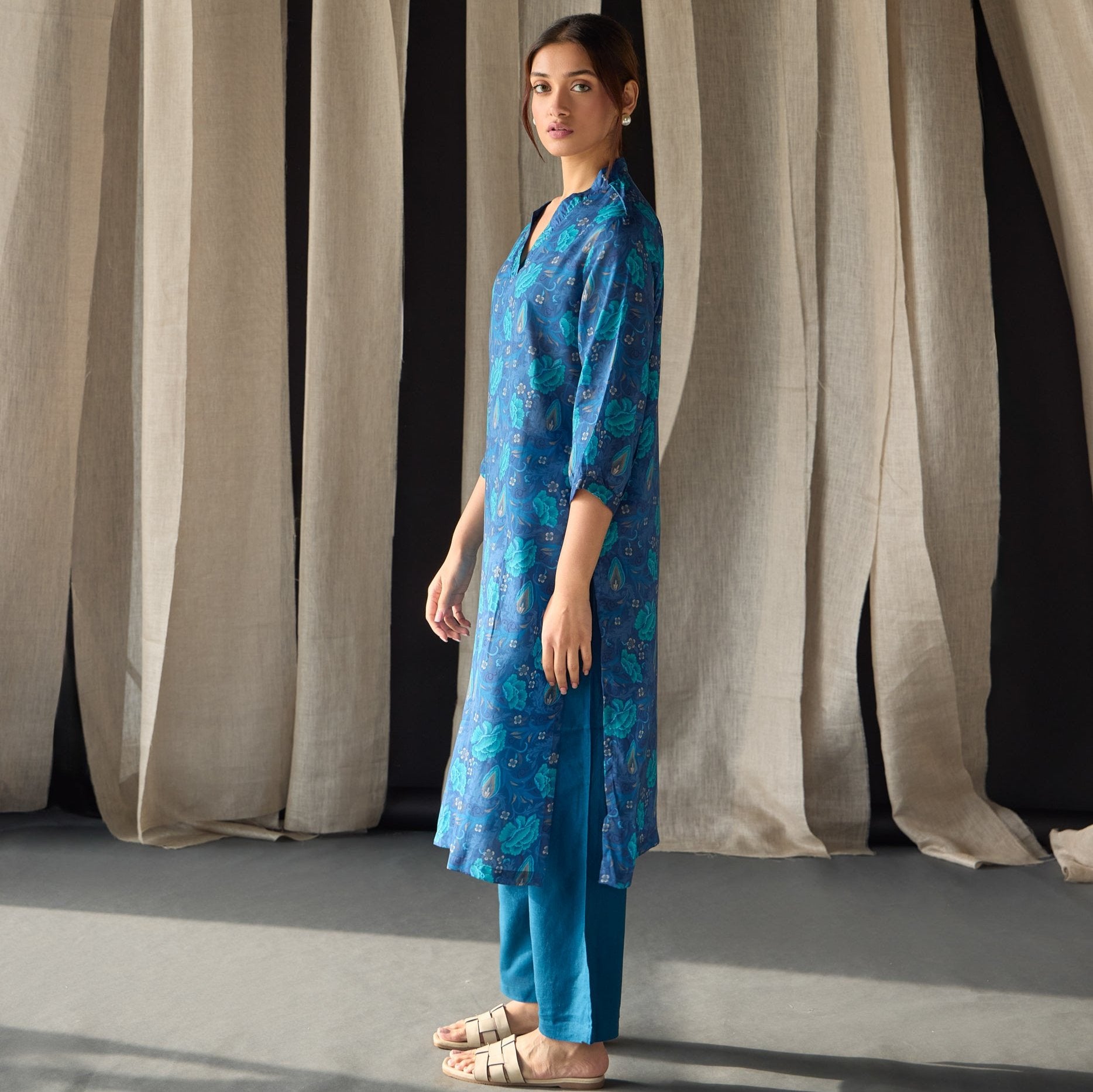 Under - Water Blue Floral Tencel Kurta | Verified Sustainable by Brown Living™