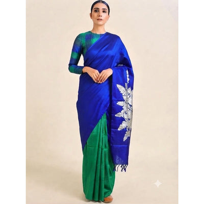 Blue Bada Patta Mulberry Silk Saree | 100% Natural Silk