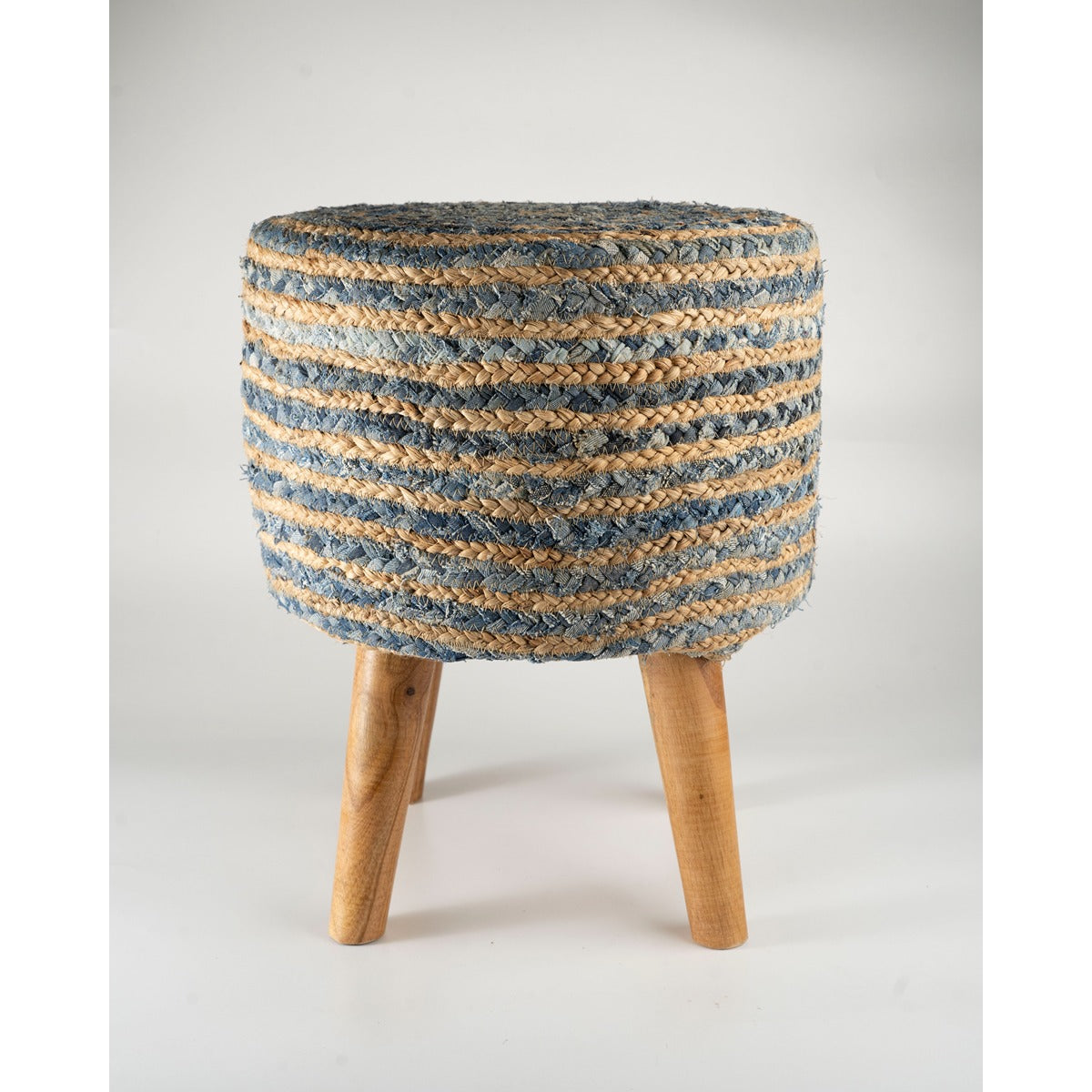 Jute Denim Stool | Blue Beige Handcrafted Wooden Seating