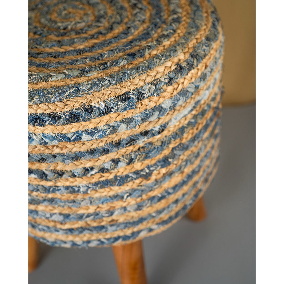 Jute Denim Stool | Blue Beige Handcrafted Wooden Seating