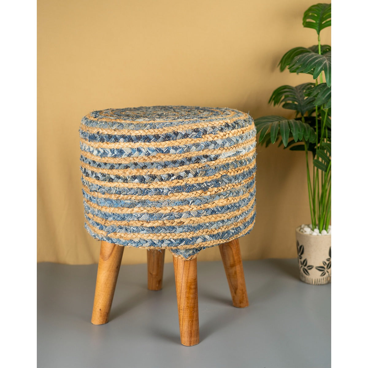 Jute Denim Stool | Blue Beige Handcrafted Wooden Seating