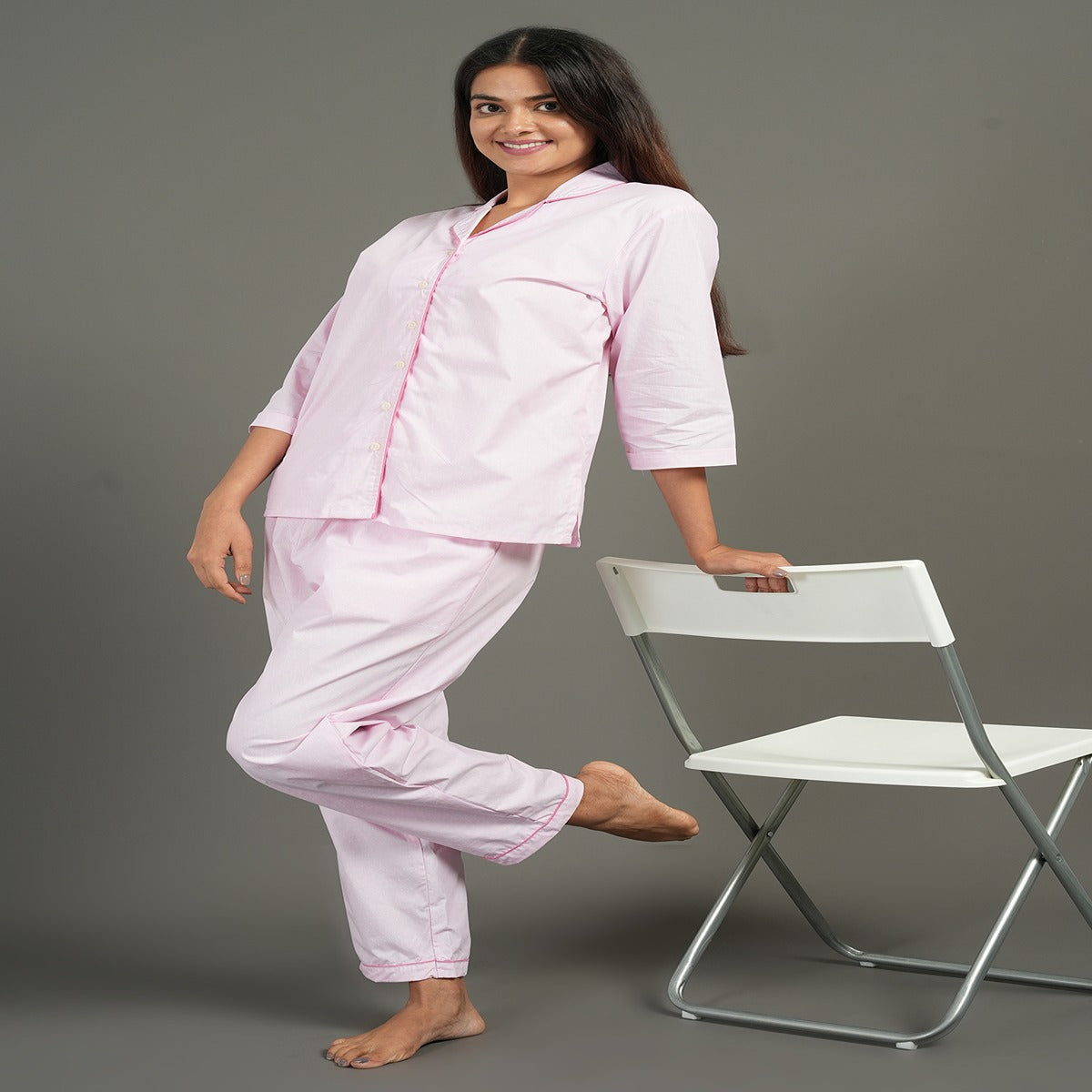 Pink Cotton Night Suit – Shirt & Pants