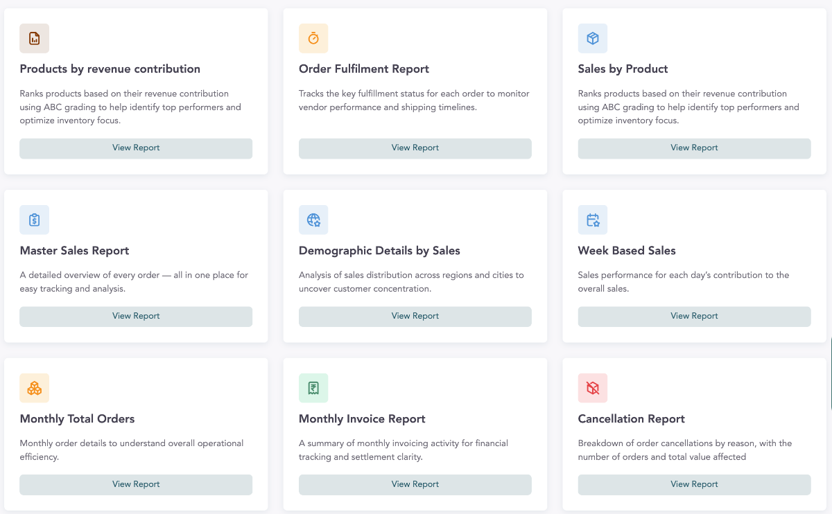 List of business reports with icons and labels on a white background