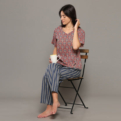 Pink & Navy Cotton Printed Kurta & Pant Co-Ord Set – Loungewear